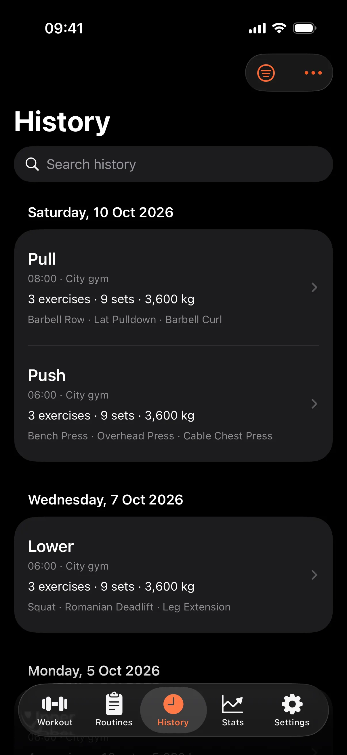 Workout history grouped by day