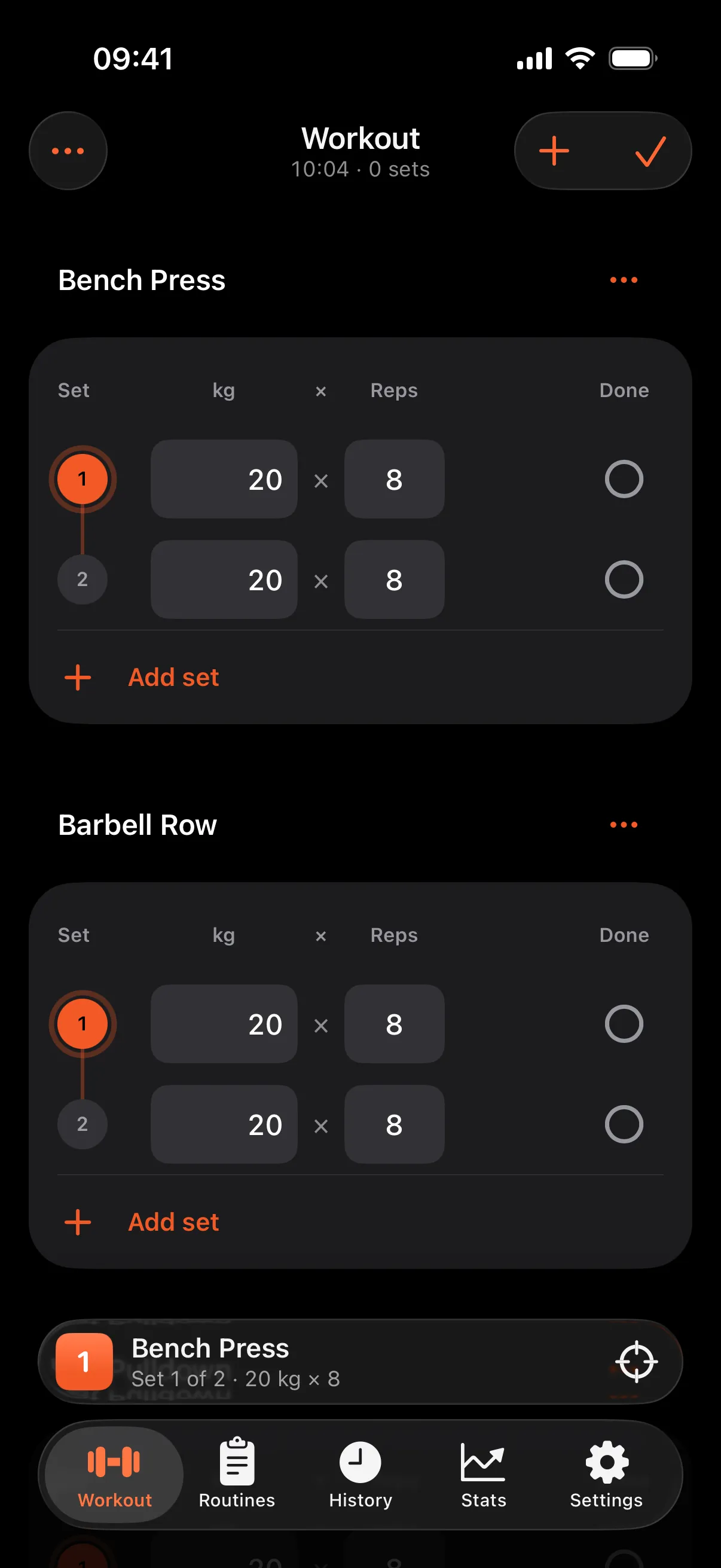 Active workout with sets for bench press and barbell row